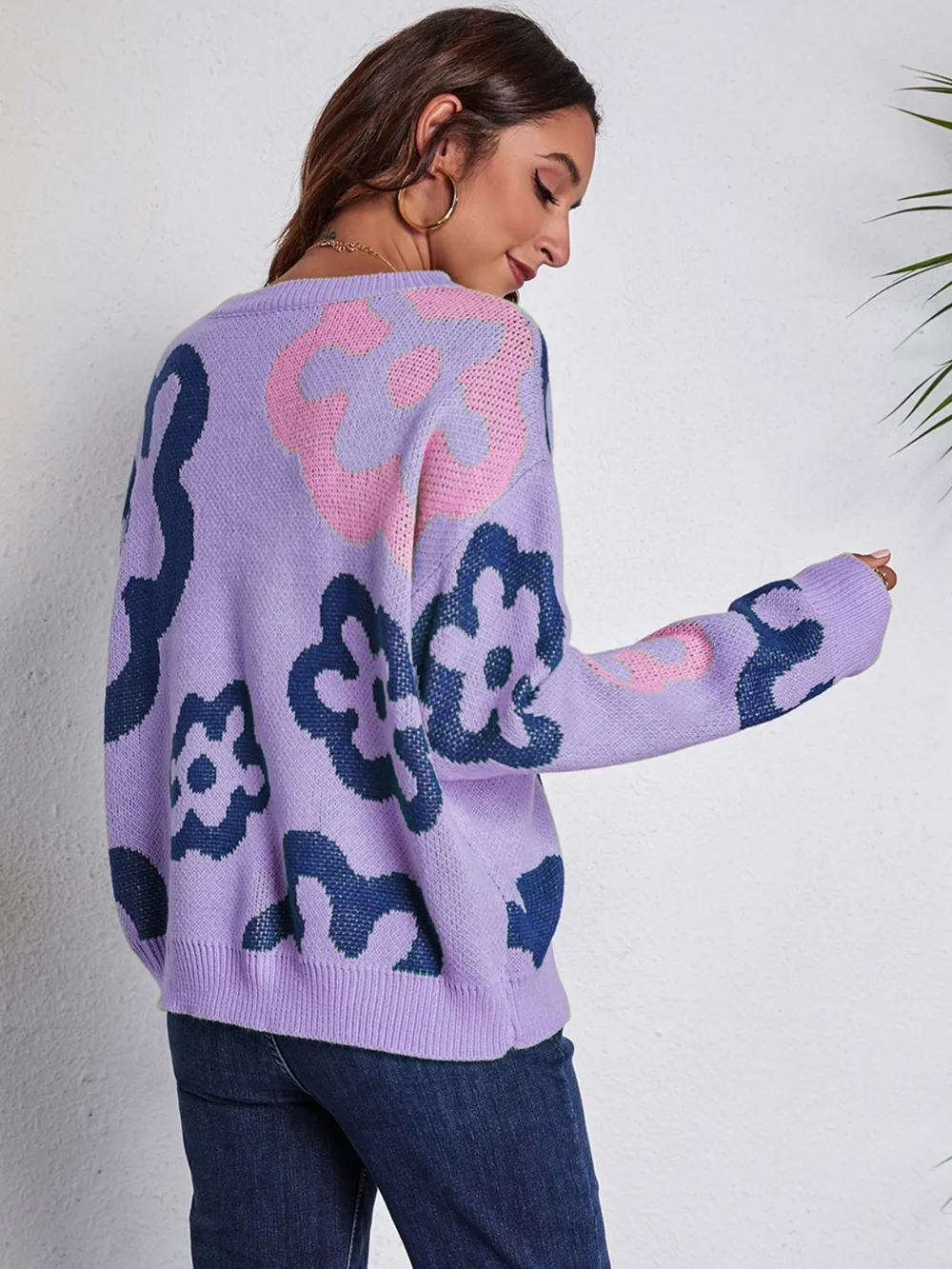 Flower Pattern Round Neck Long Sleeve Sweater, image 5