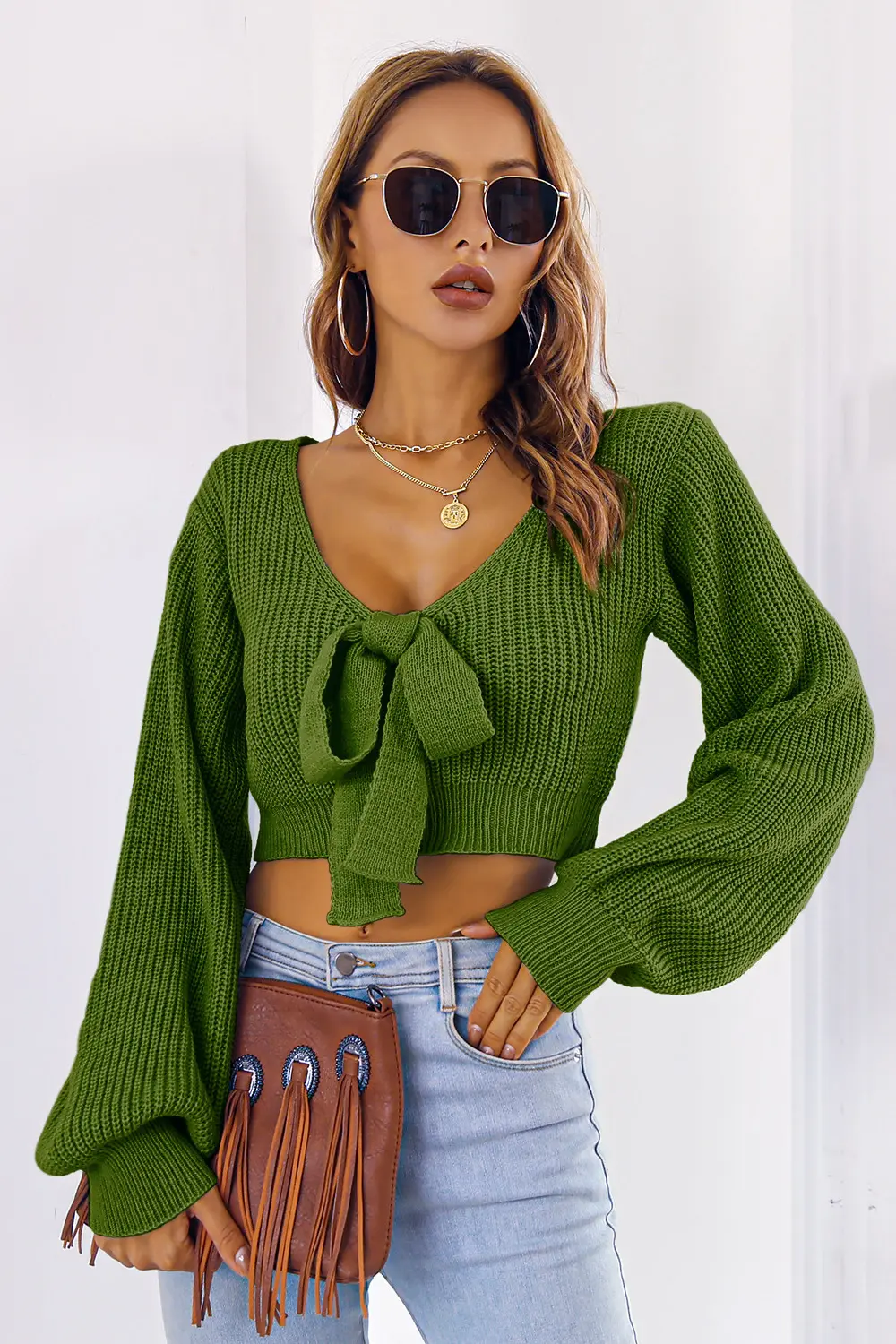 Bow V-Neck Long Sleeve Cropped Sweater, image 11