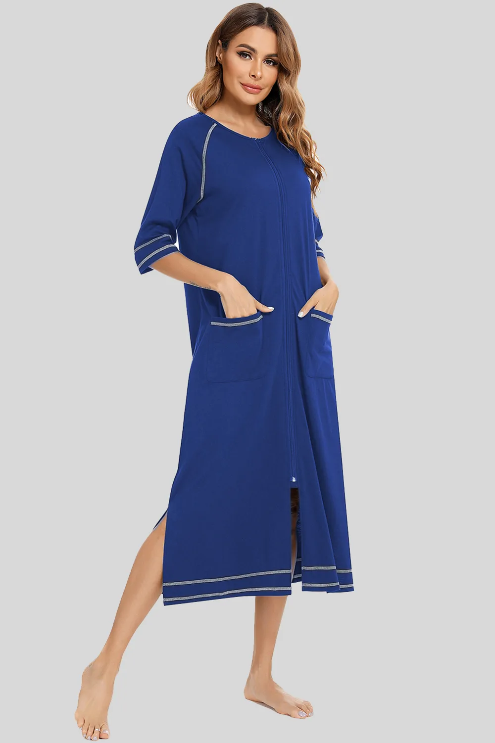 Zip Up Slit Round Neck Night Dress with Pockets, image 17