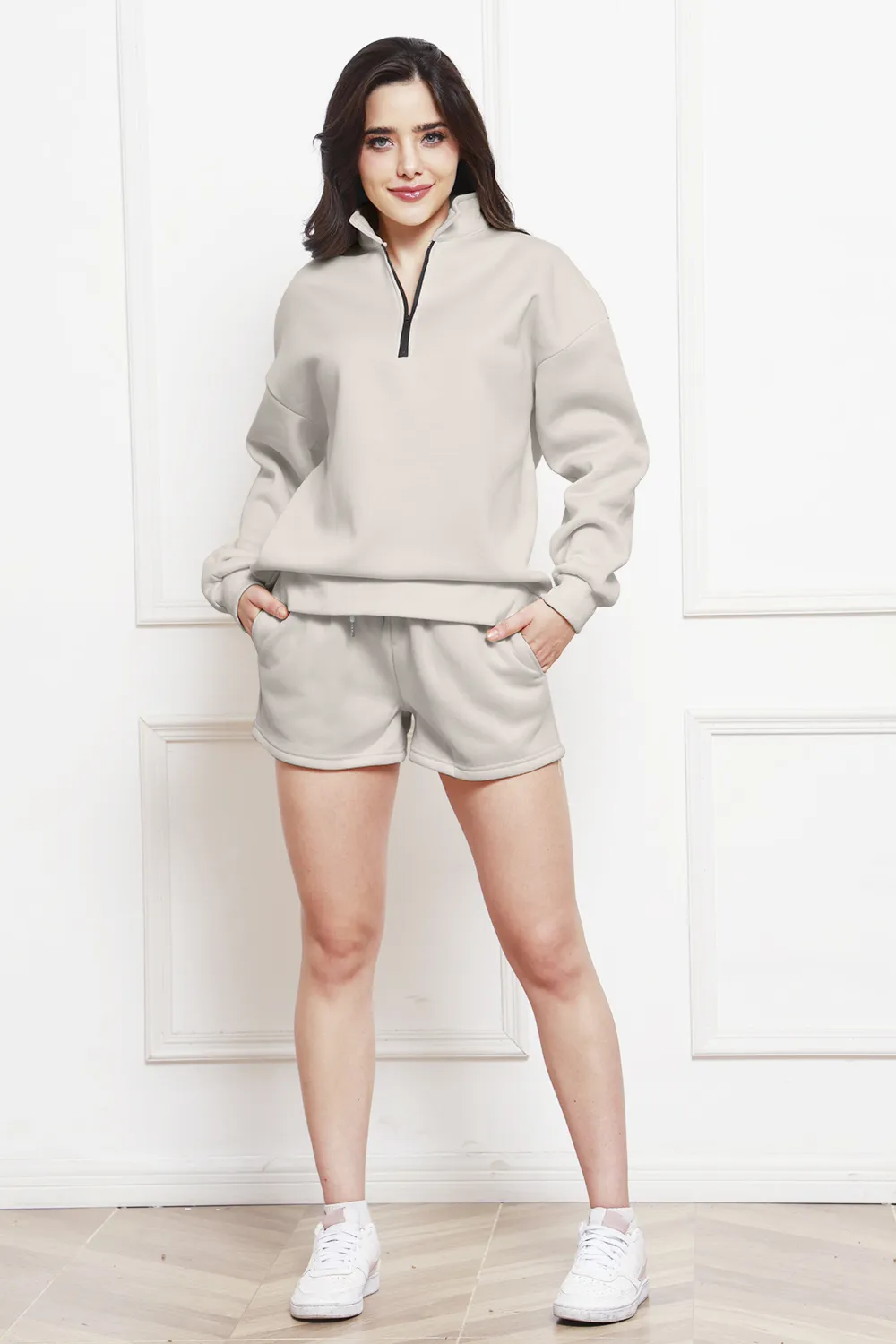 Half Zip Long Sleeve Sweatshirt and Drawstring Shorts Set, image 16
