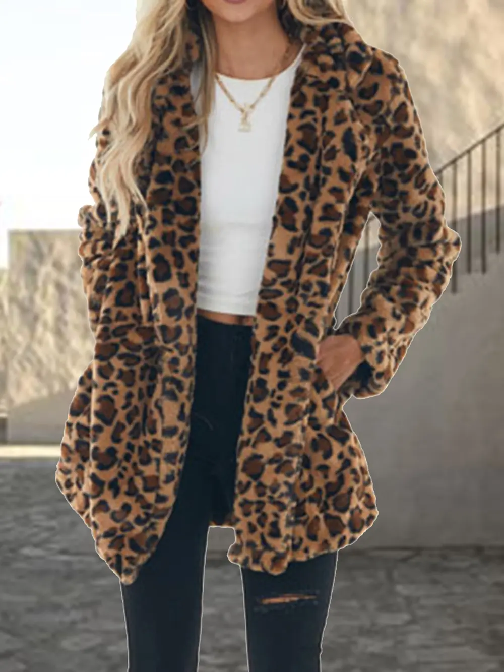 Leopard Collared Neck Coat with Pockets, image 3