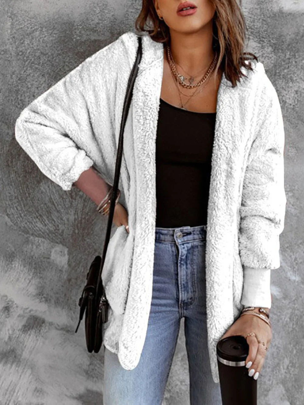 Open Front Hooded Faux Fur Outwear with Pockets, image 13