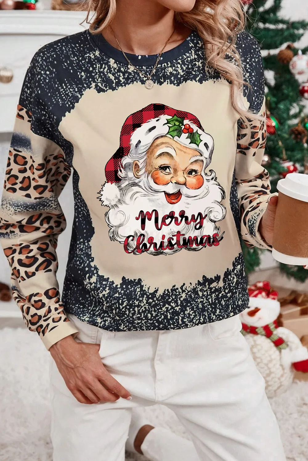 Santa Graphic Leopard Dropped Shoulder Sweatshirt, image 2