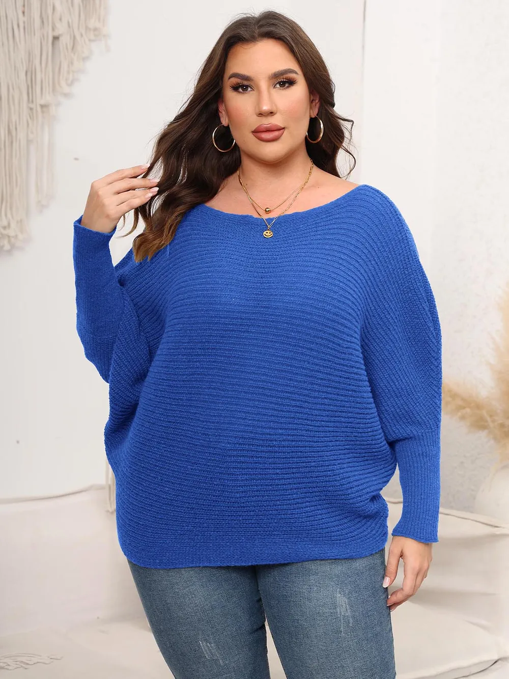 Full Size Boat Neck Batwing Sleeve Sweater, image 4