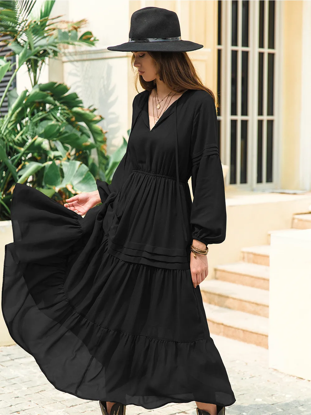 Tie Neck Long Sleeve Midi Tiered Dress, image 24