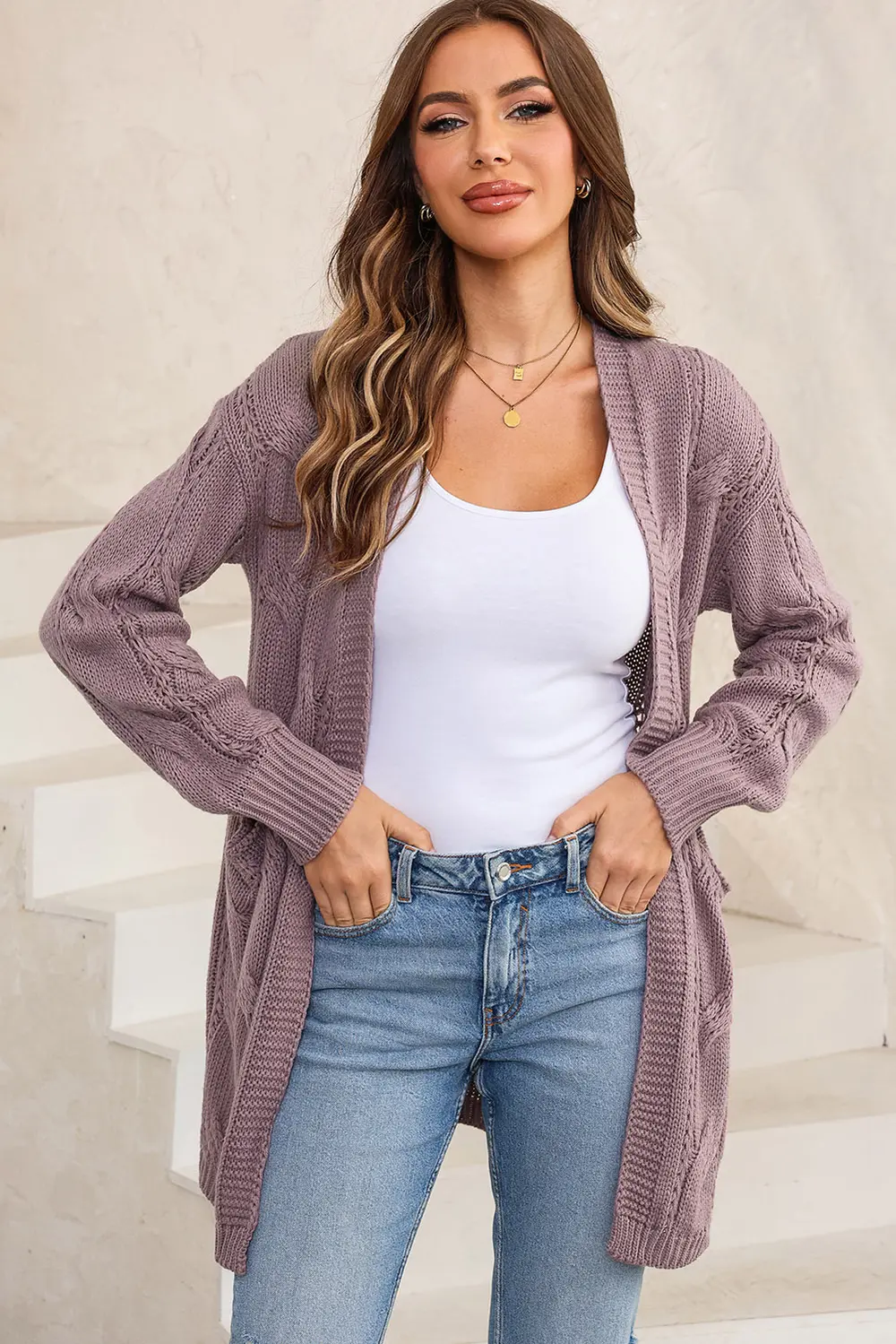 Cable-Knit Dropped Shoulder Slit Cardigan, image 8