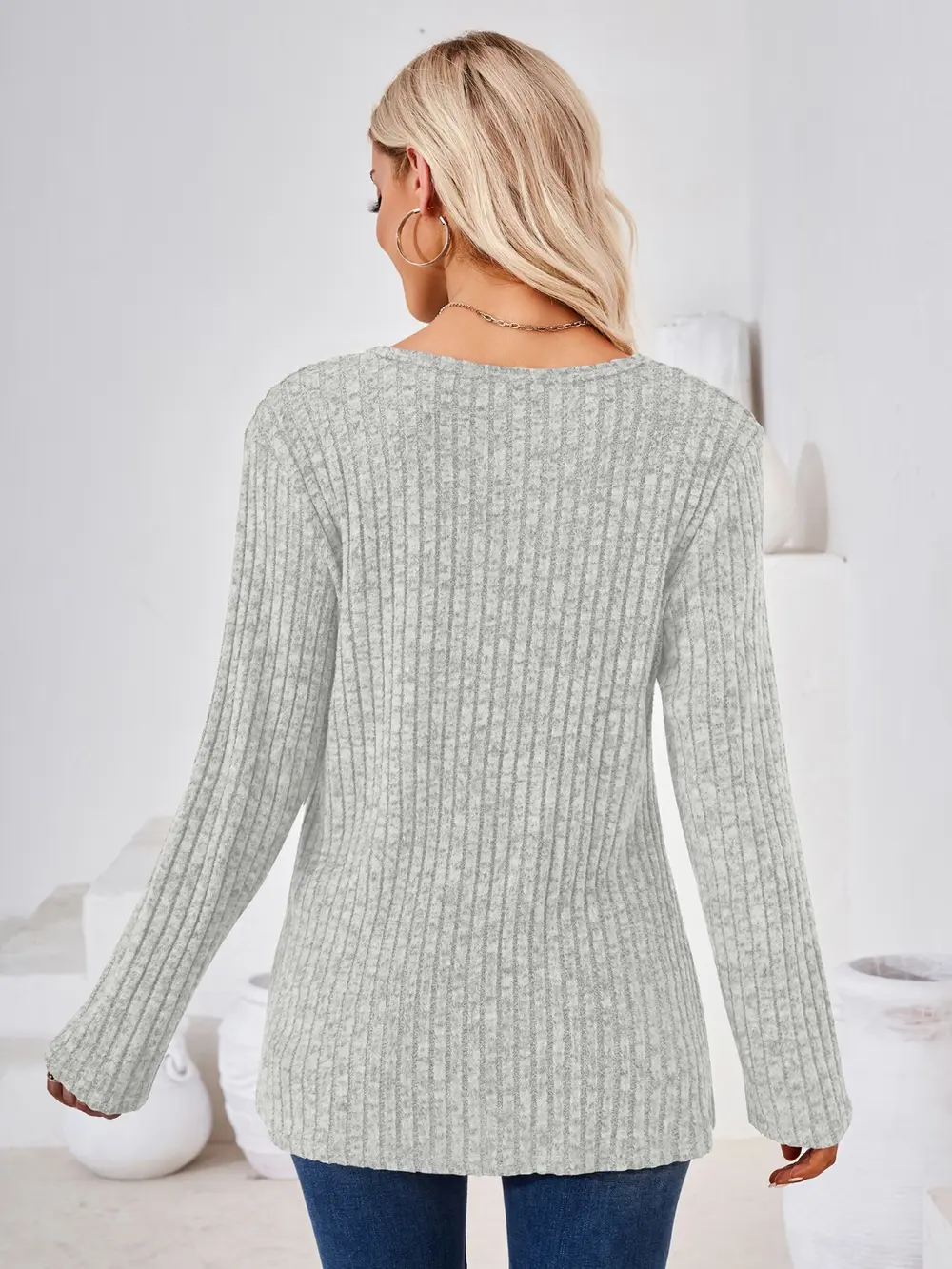 Ribbed Buttoned Round Neck Slit T-Shirt, image 17