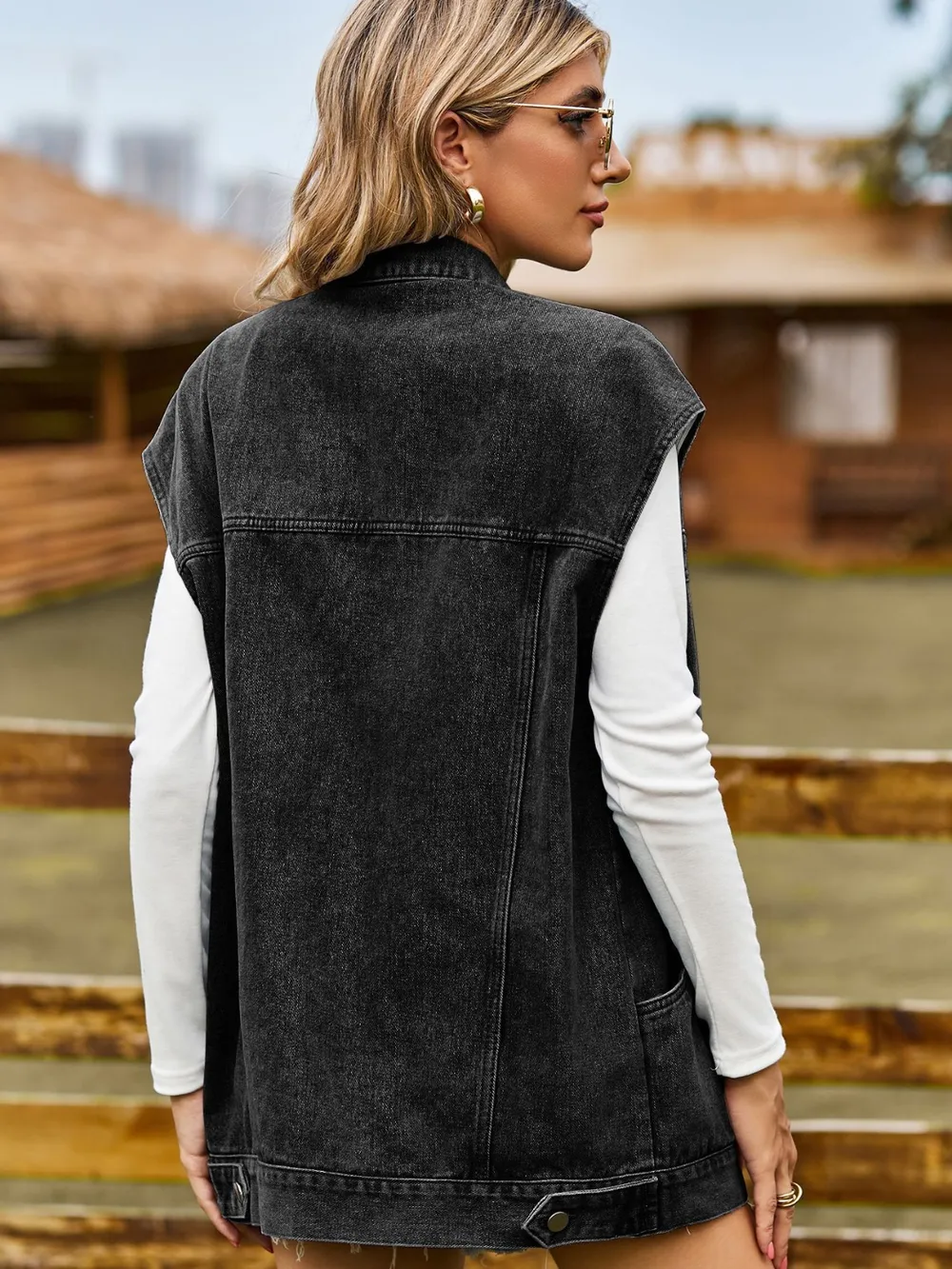 Button Up Collared Neck Sleeveless Denim Jacket, image 7