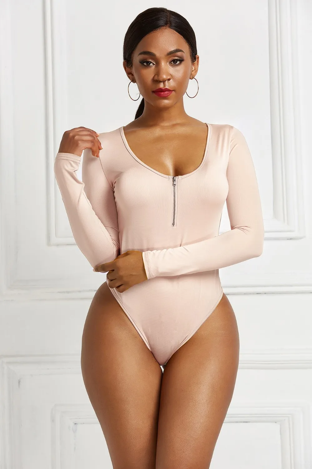 Half Zip Scoop Neck Long Sleeve Bodysuit, image 4