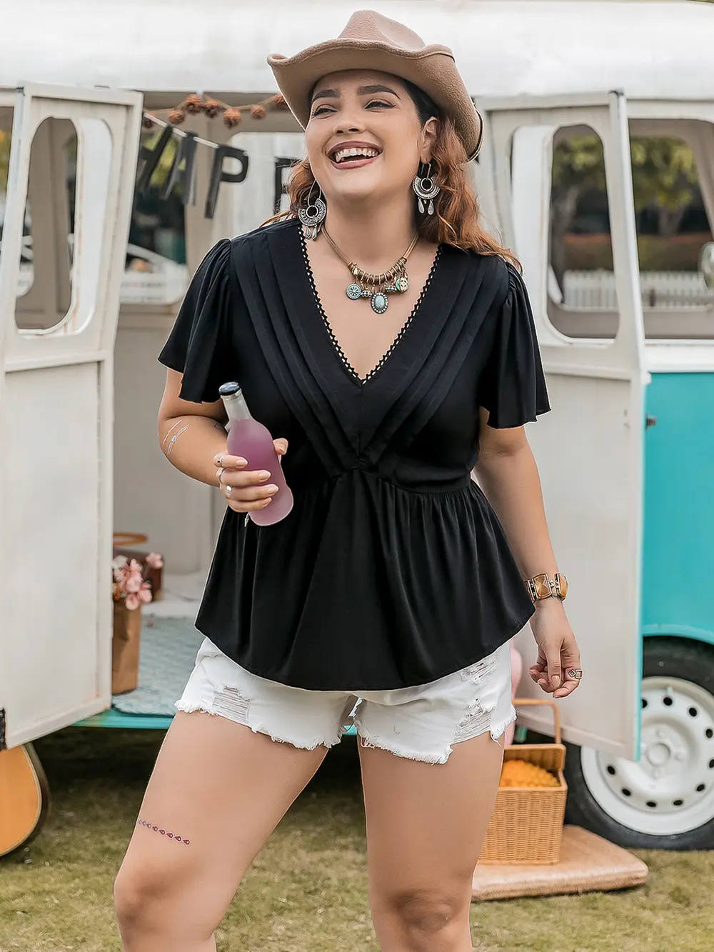 Plus Size V-Neck Flutter Sleeve Blouse, image 2
