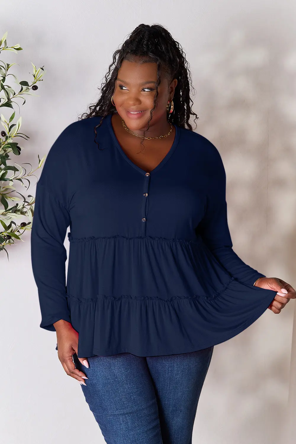 Half Button Long Sleeve Ruffle Hem Blouse, image 27