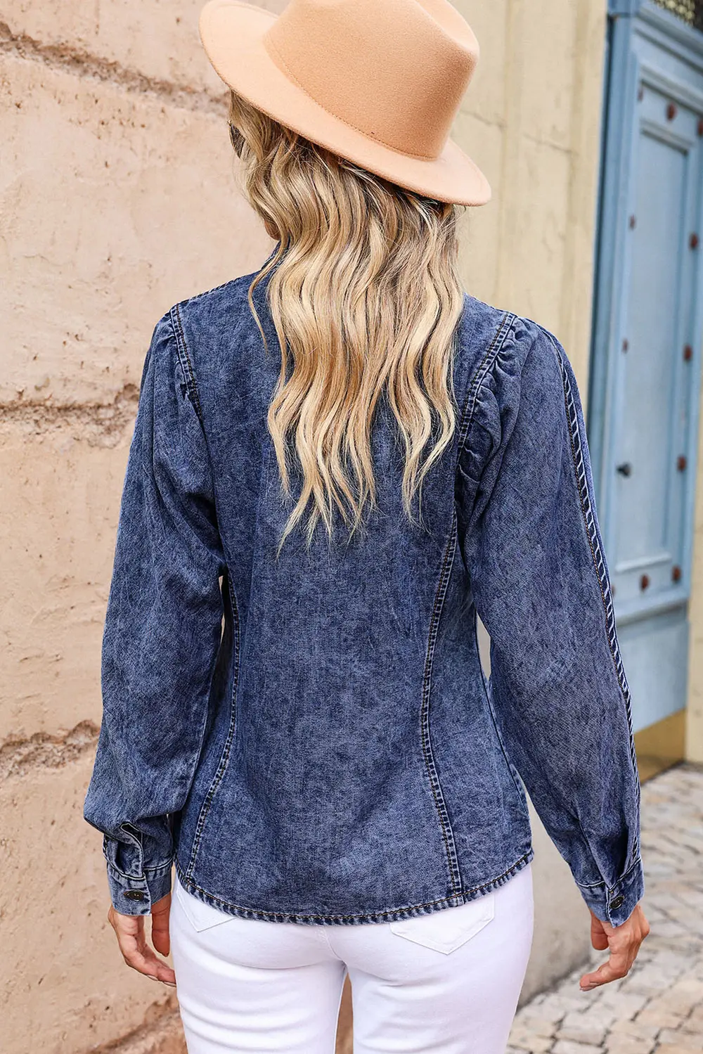 Button Up Collared Neck Denim Top, image 9