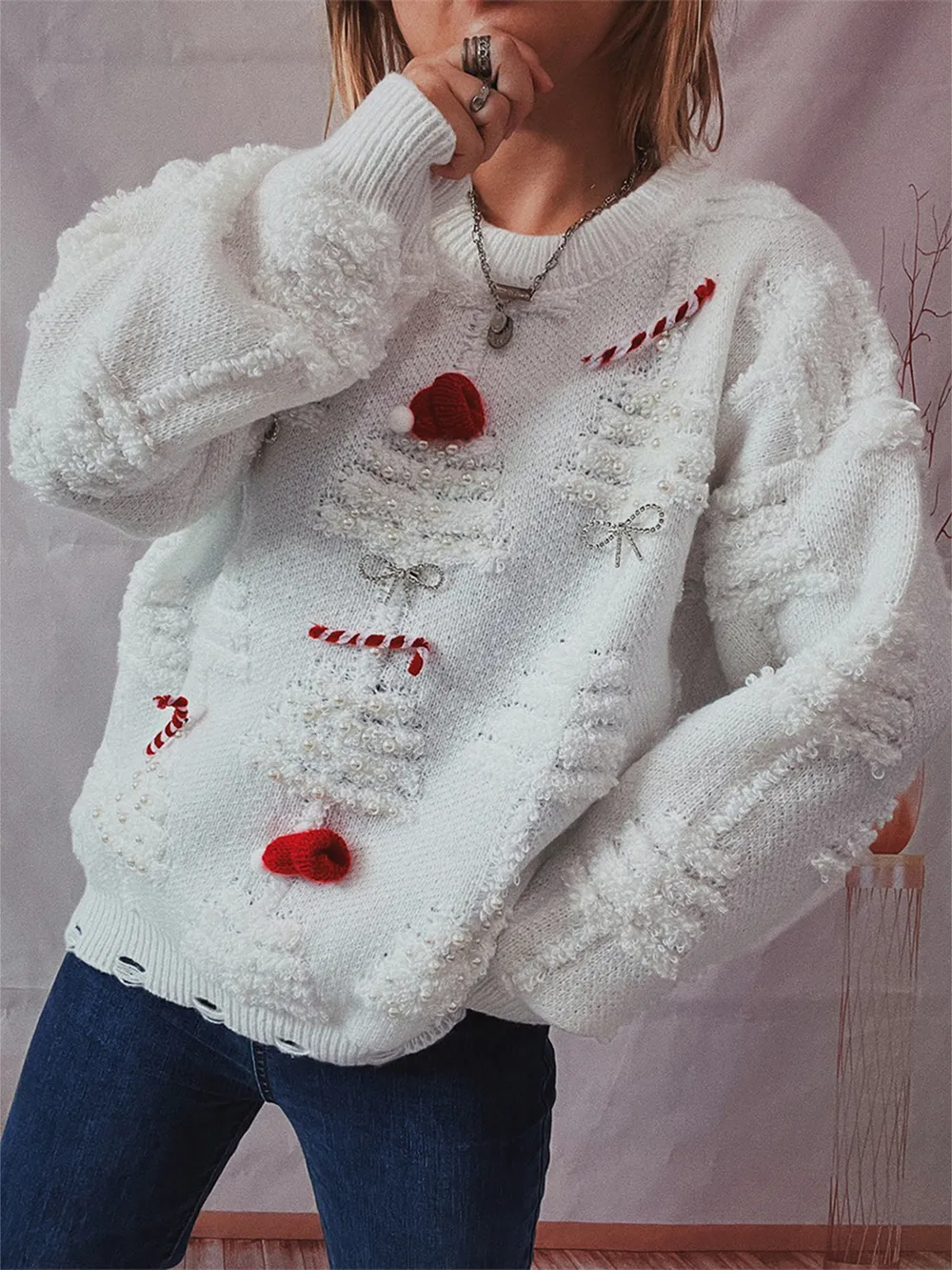 Pearl Detail Round Neck Long Sleeve Sweater, image 3
