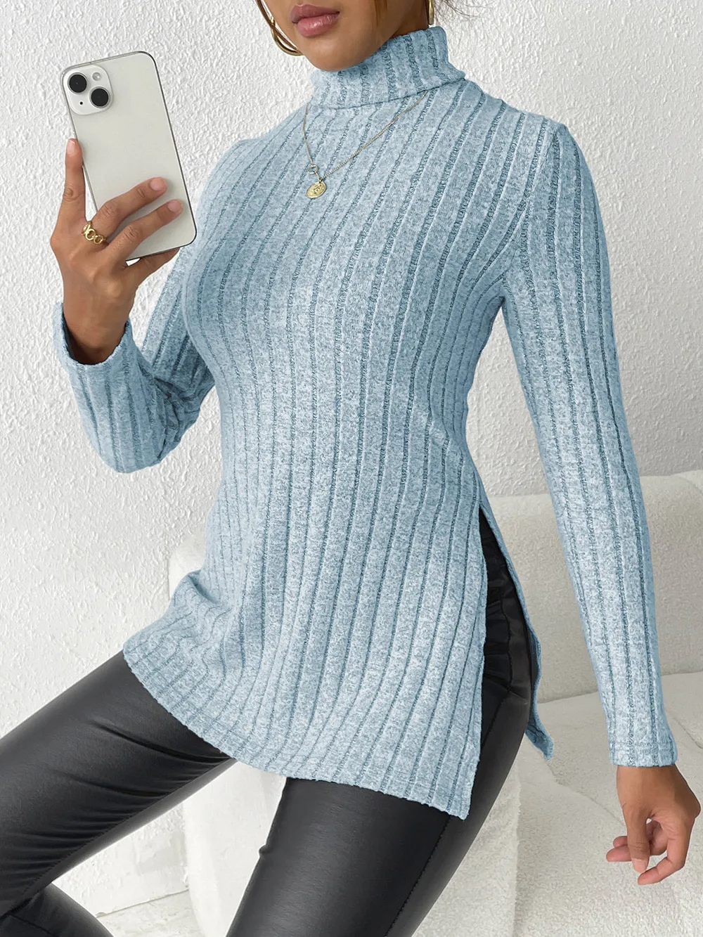 Ribbed Turtleneck Long Sleeve Slit T-Shirt, image 12
