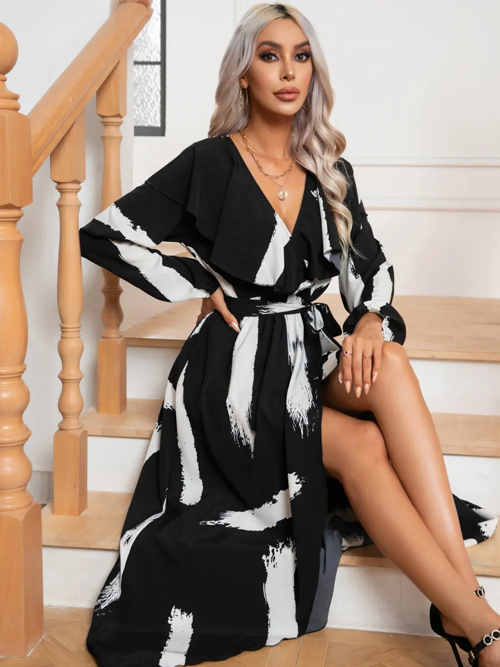 Printed Tie Front Ruffle Trim Long Sleeve Dress, image 3