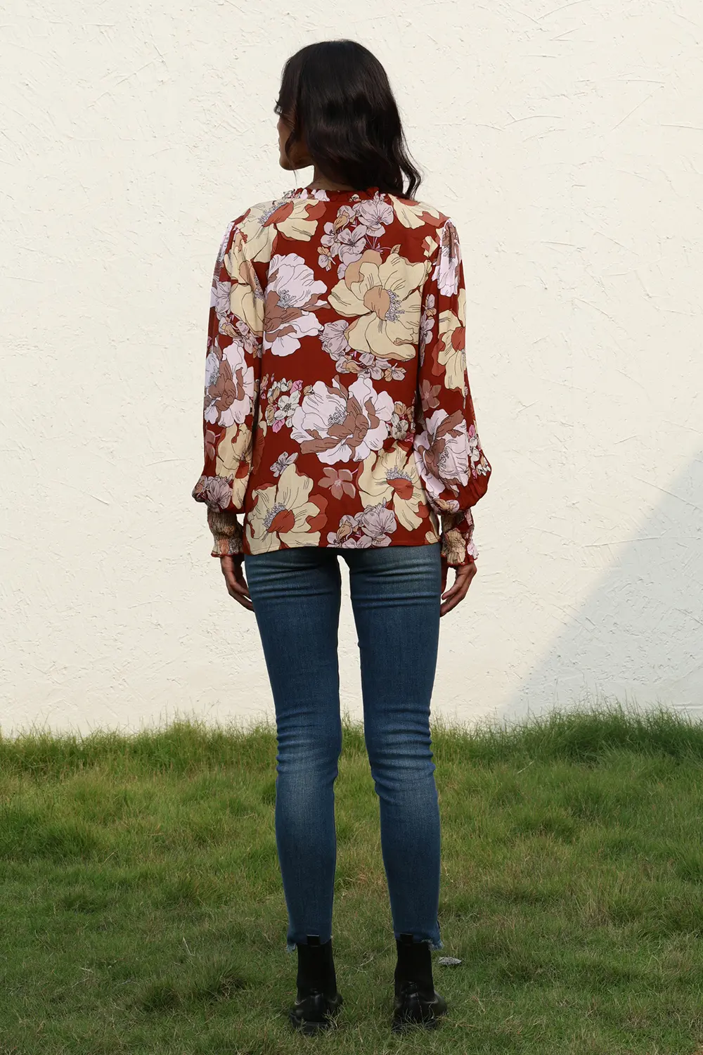 Floral V-Neck Smocked Lantern Sleeve Blouse, image 2