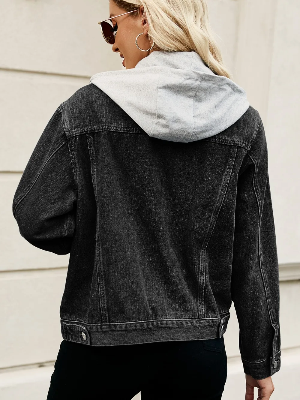 Drawstring Hooded Button Up Denim Jacket, image 5