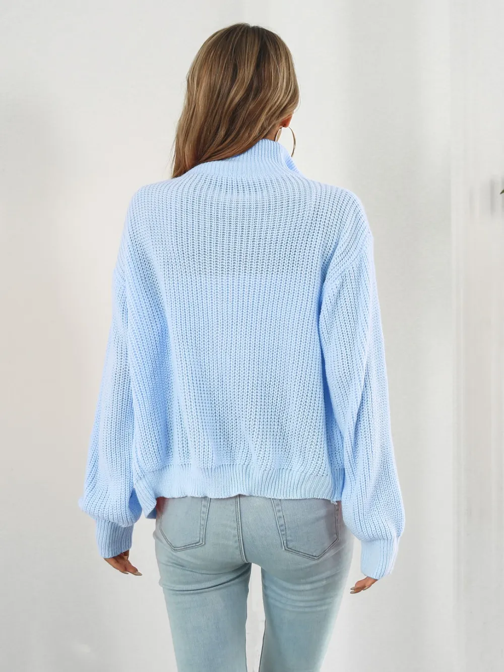 Turtleneck Zip Up Long Sleeve Knit Top, image 3
