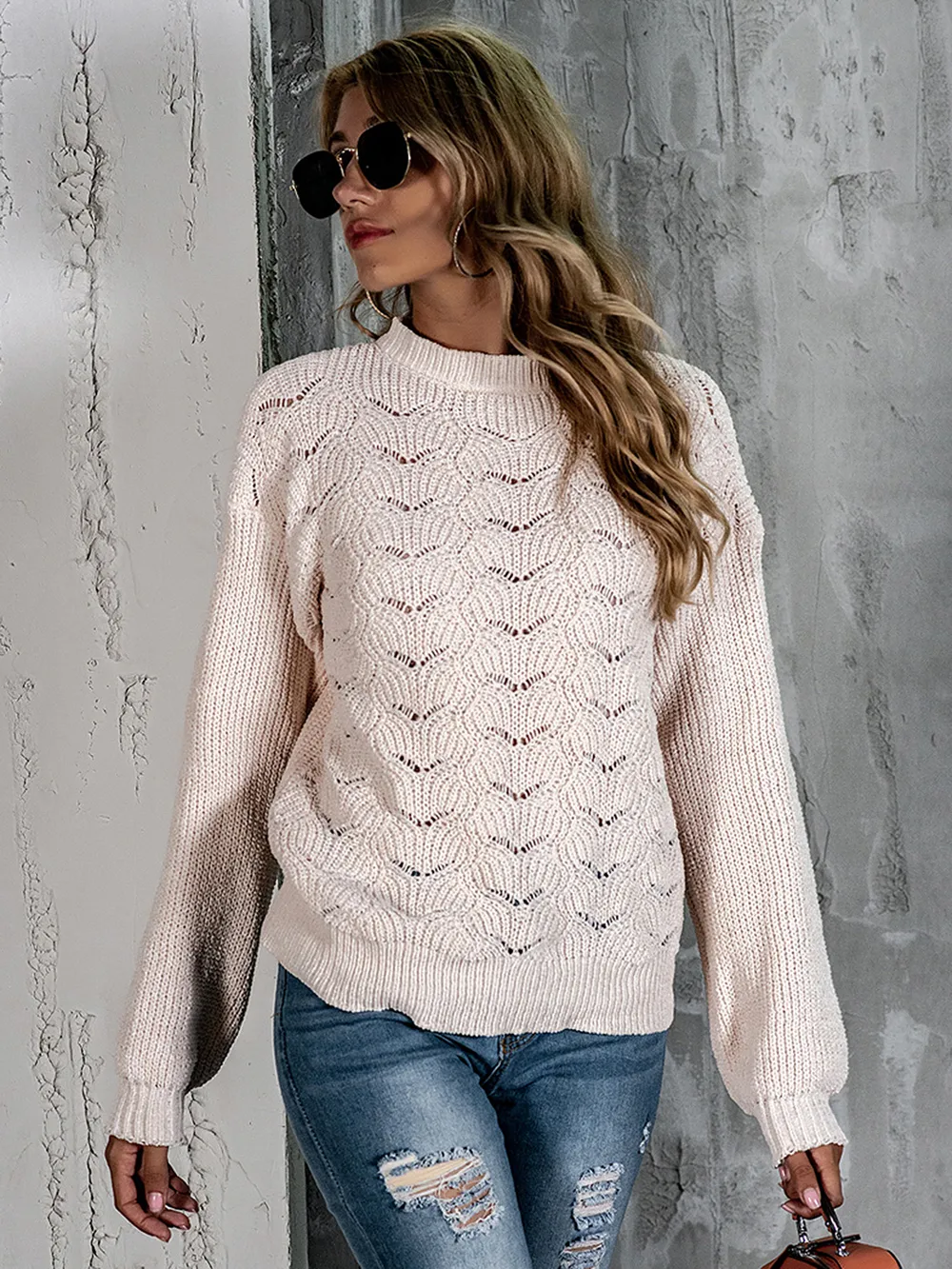 Openwork Mock Neck Long Sleeve Sweater, image 4