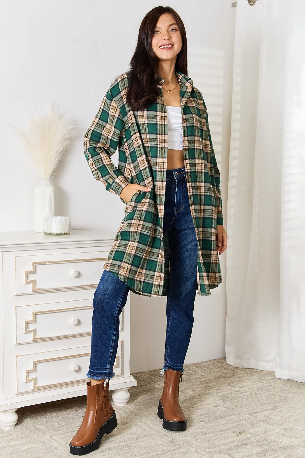 Plaid Collared Neck Long Sleeve Shirt, image 6