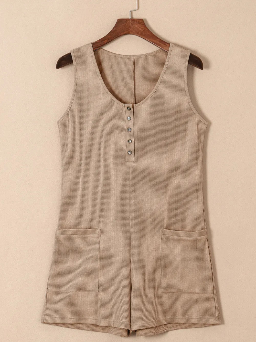 Waffle-Knit Half Button Sleeveless Romper with Pockets, image 17