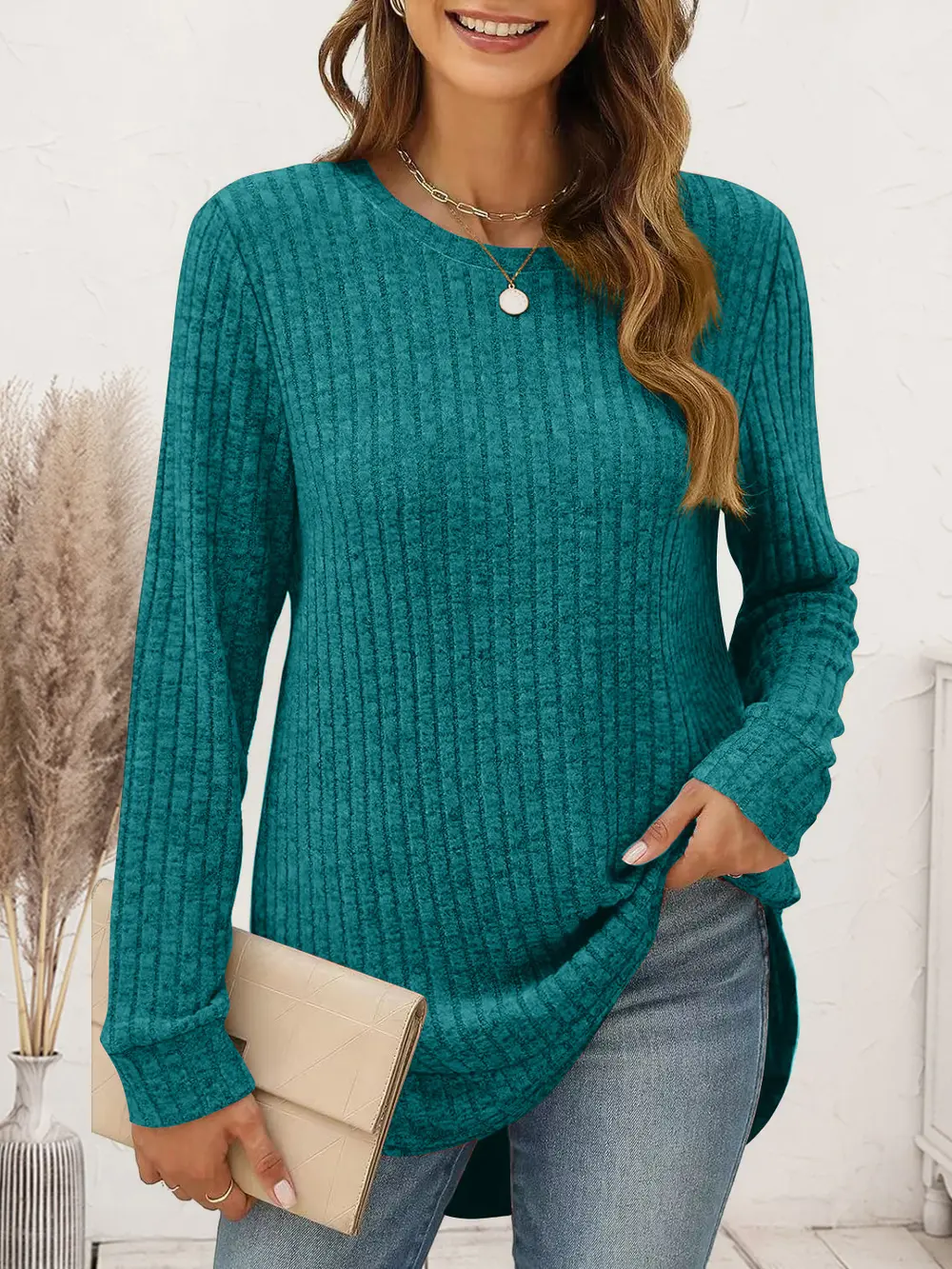 Ribbed Round Neck Long Sleeve T-Shirt, image 7