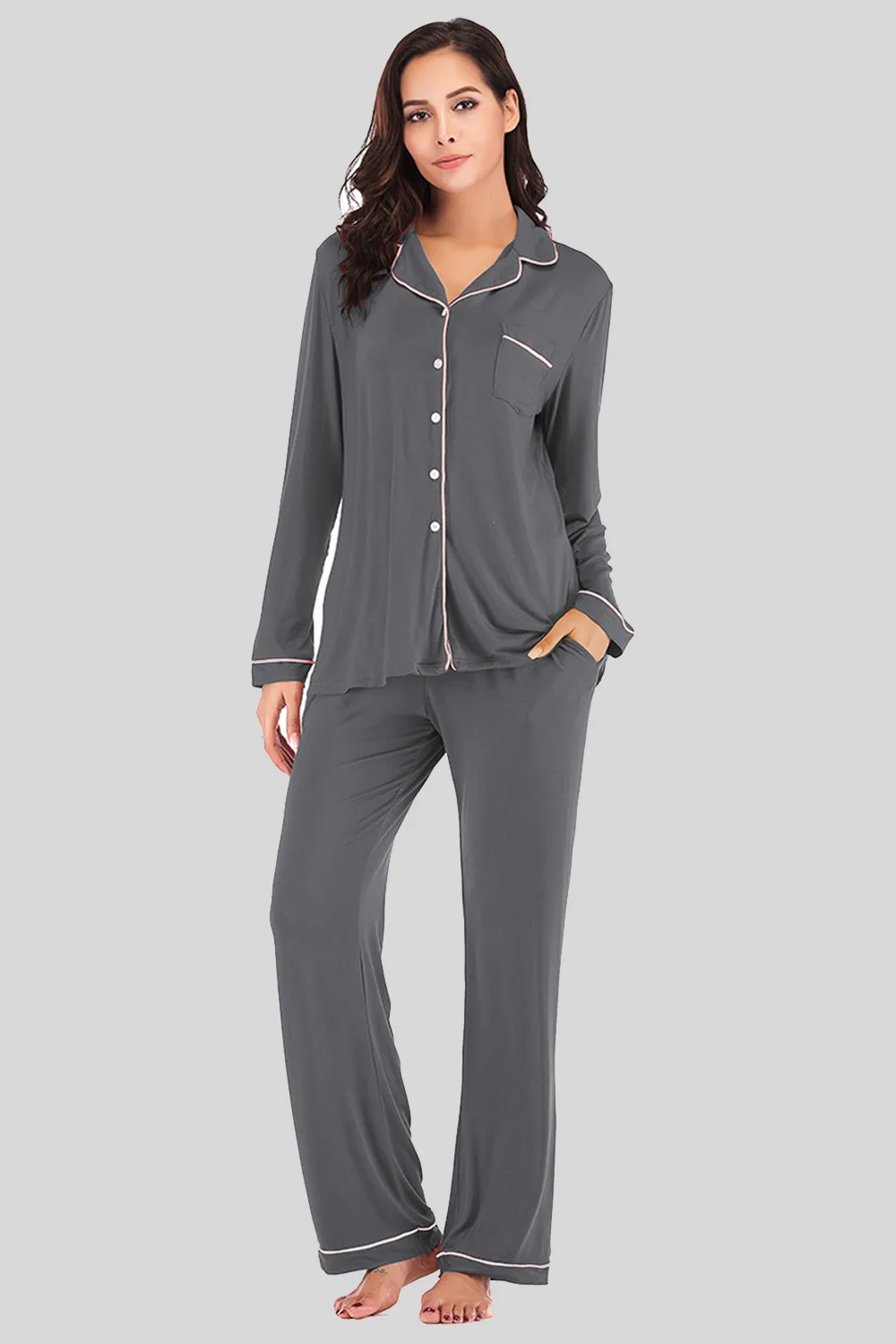 Collared Neck Long Sleeve Loungewear Set with Pockets, image 22