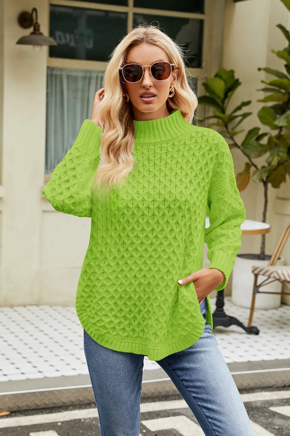 Slit Long Sleeve Mock Neck Sweater, image 6