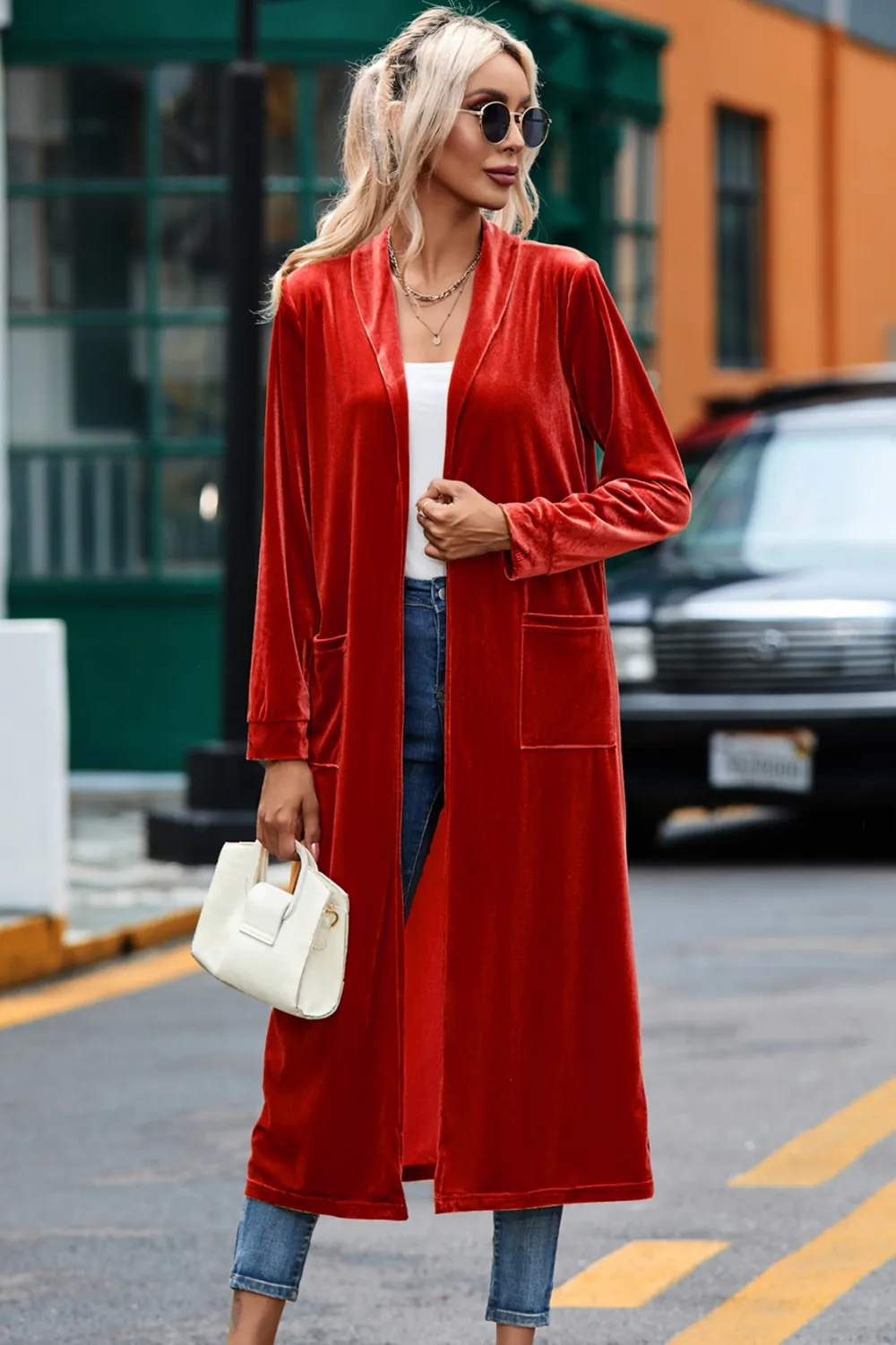 Velvet Open Front Long Cardigan with Pockets, image 10