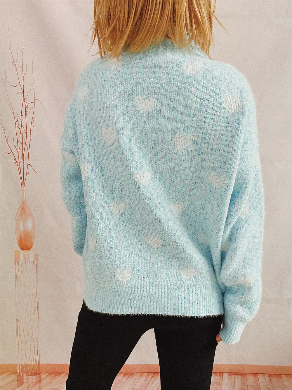 Heart Heathered Turtleneck Drop Shoulder Sweater, image 7