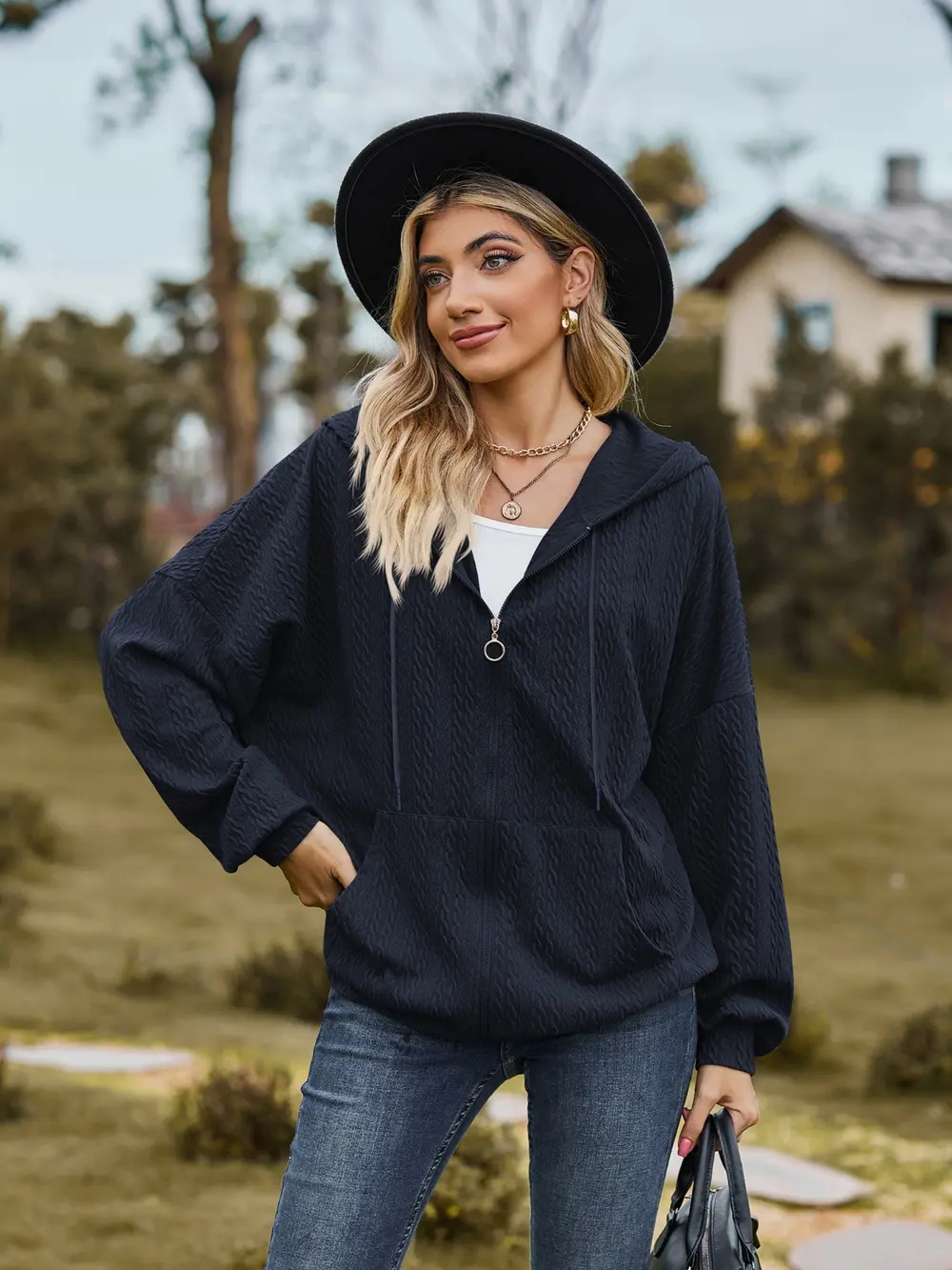 Zip Up Drawstring Long Sleeve Hooded Jacket, image 8