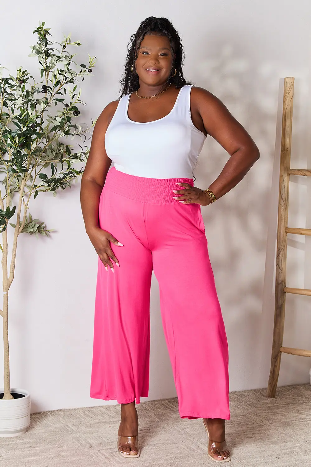Full Size Smocked Wide Waistband Wide Leg Pants, image 15