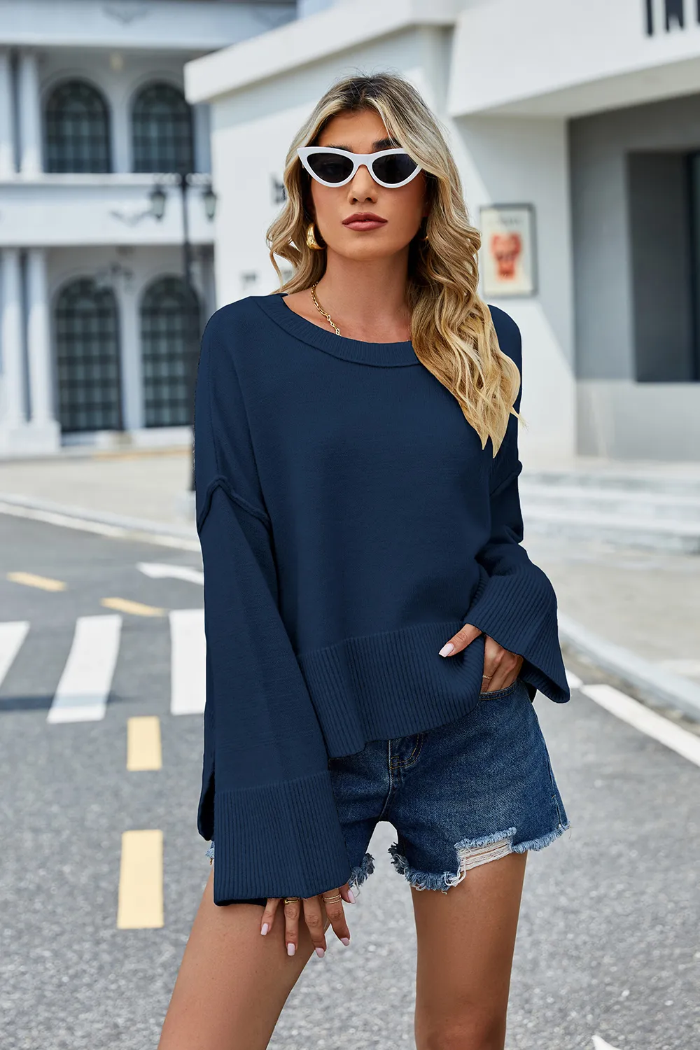 High-Low Slit Round Neck Long Sleeve Sweater, image 17