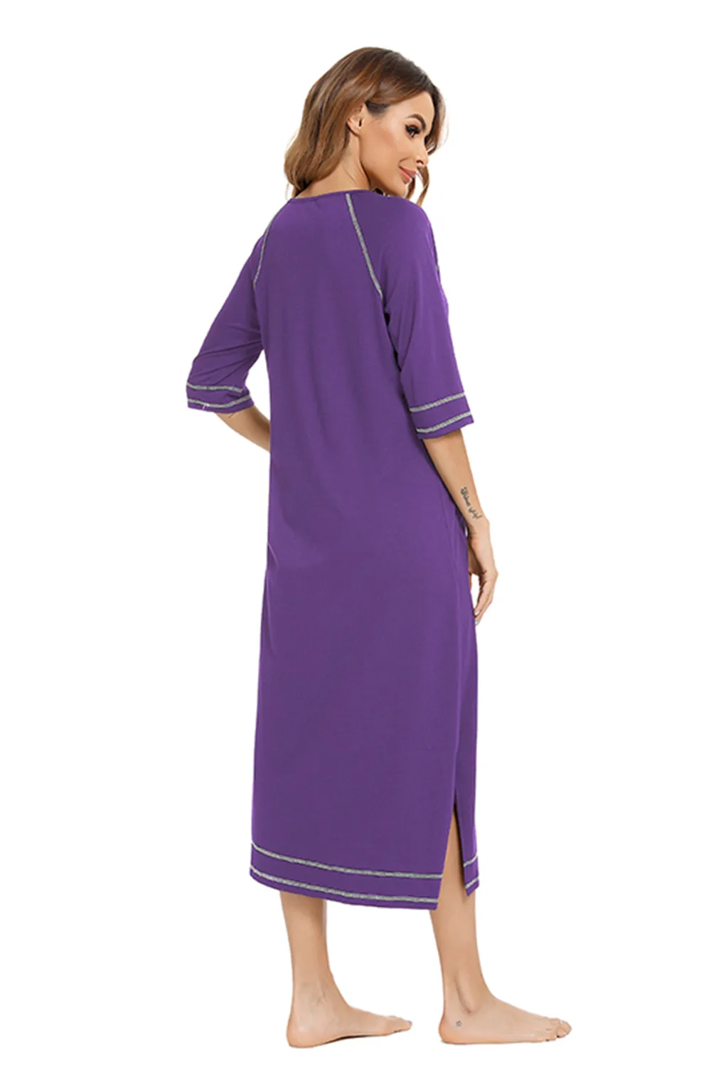 Zip Up Slit Round Neck Night Dress with Pockets, image 13