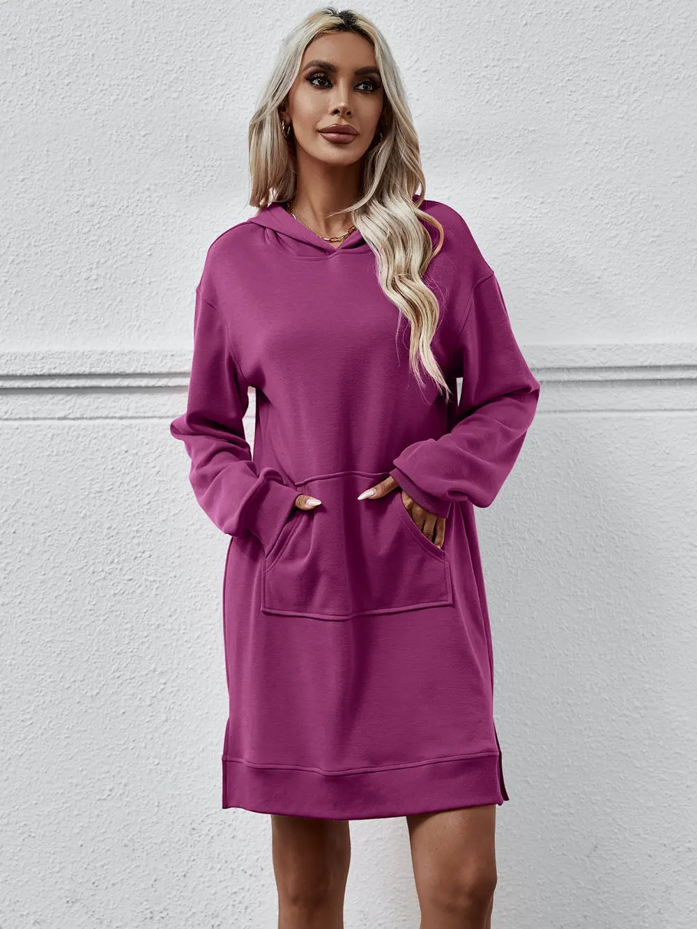 Slit Long Sleeve Hooded Dress with Pocket, image 11