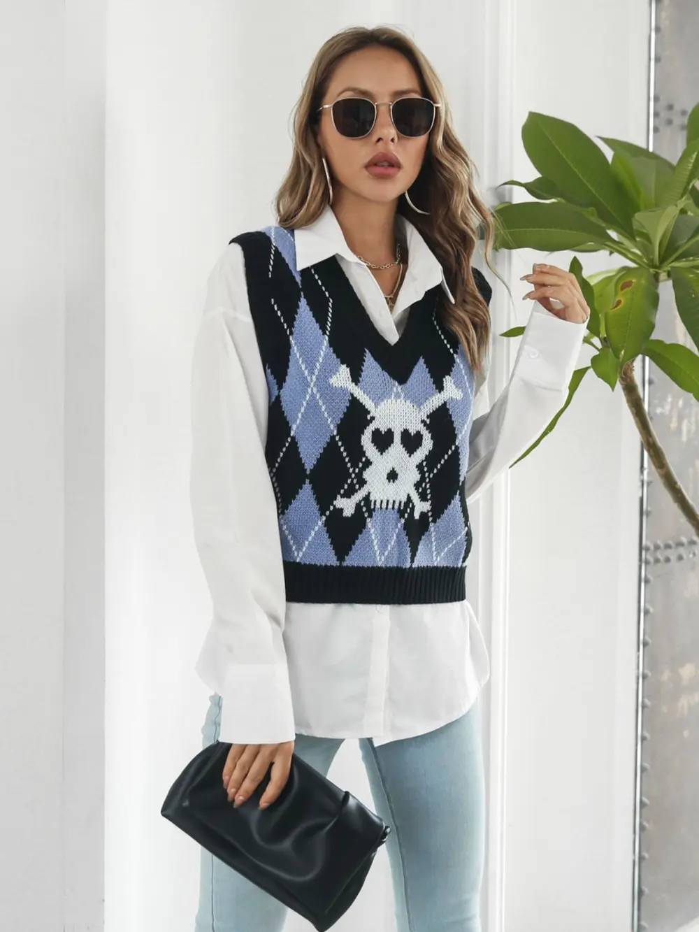 Skull Geometric V-Neck Sweater Vest, image 4