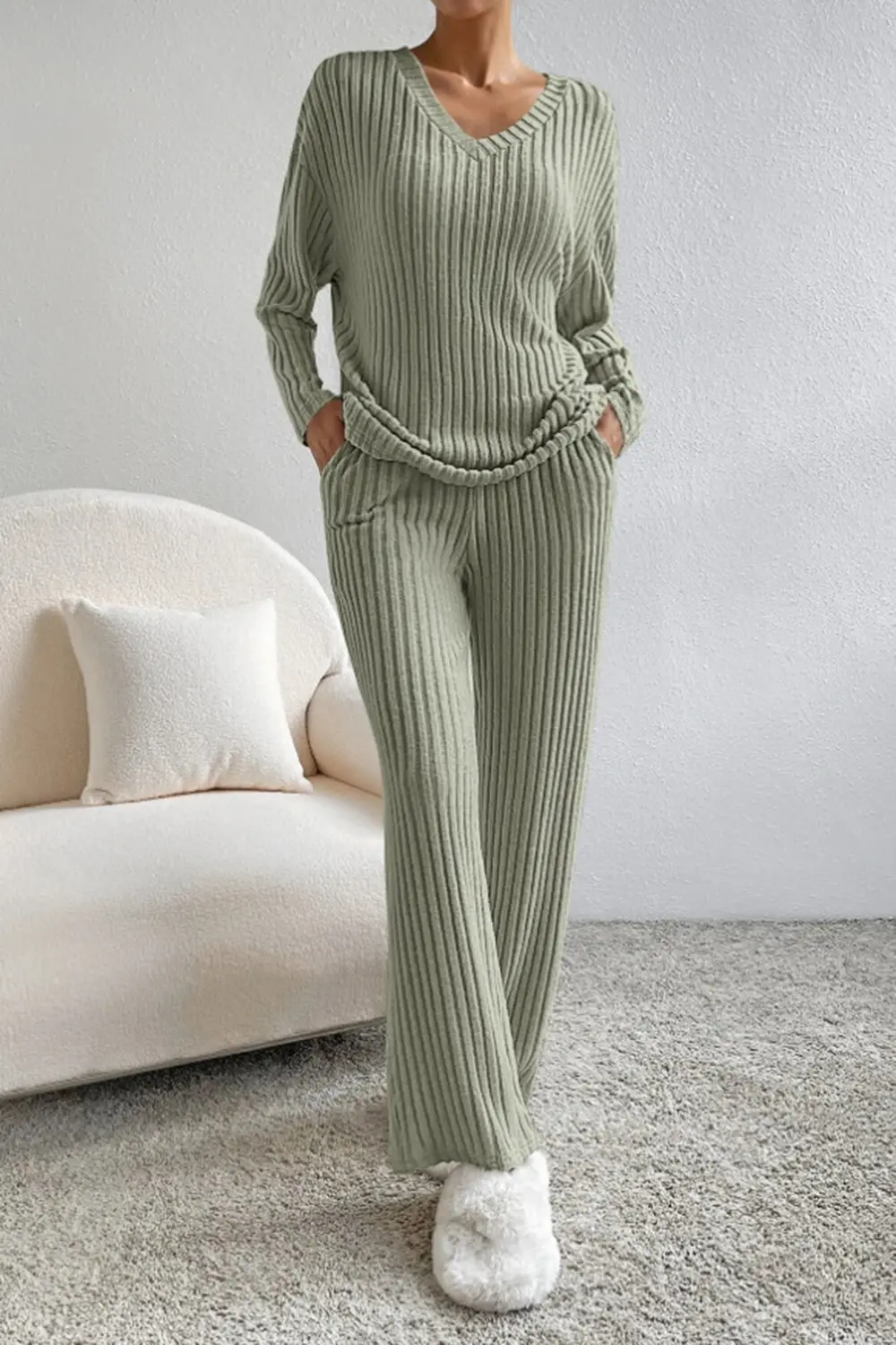 Ribbed V-Neck Top and Pants Set, image 8