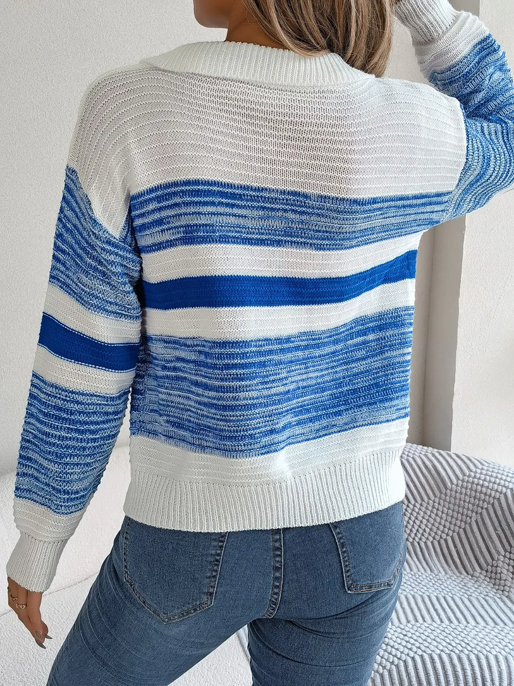 Striped Collared Neck Long Sleeve Sweater, image 9