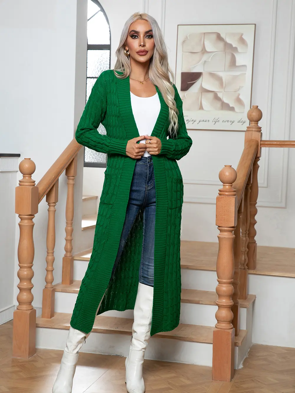 Cable-Knit Open Front Cardigan with Pockets, image 6