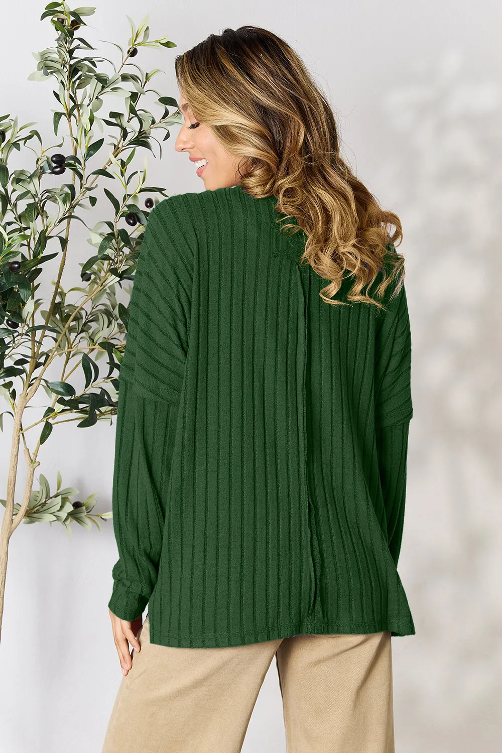 Full Size Ribbed Round Neck Slit Knit Top, image 28