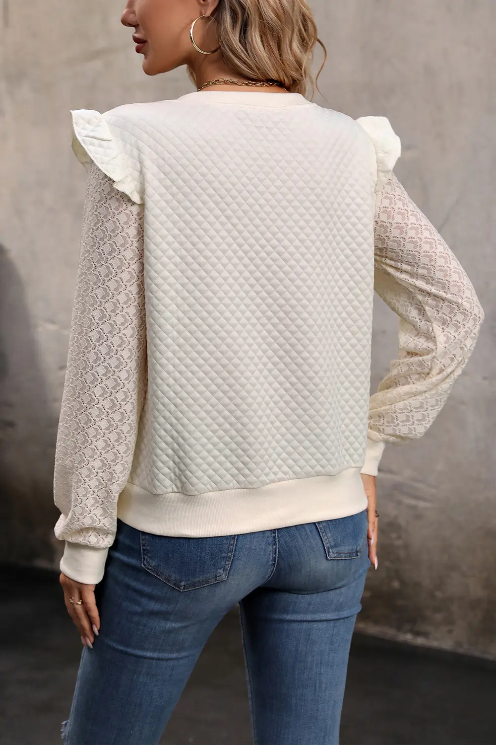 V-Neck Ruffle Trim Long Sleeve Sweatshirt, image 2