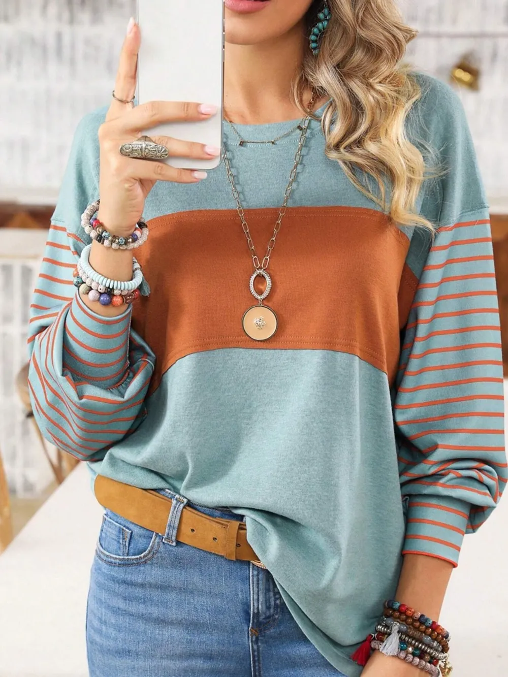 Round Neck Striped Long Sleeve Slit T-Shirt, image 14