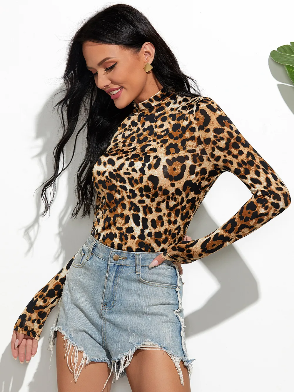 Leopard Mock Neck Long Sleeve T-Shirt, image 4