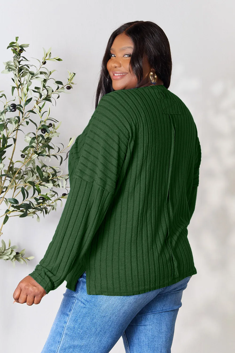 Full Size Ribbed Round Neck Slit Knit Top, image 29