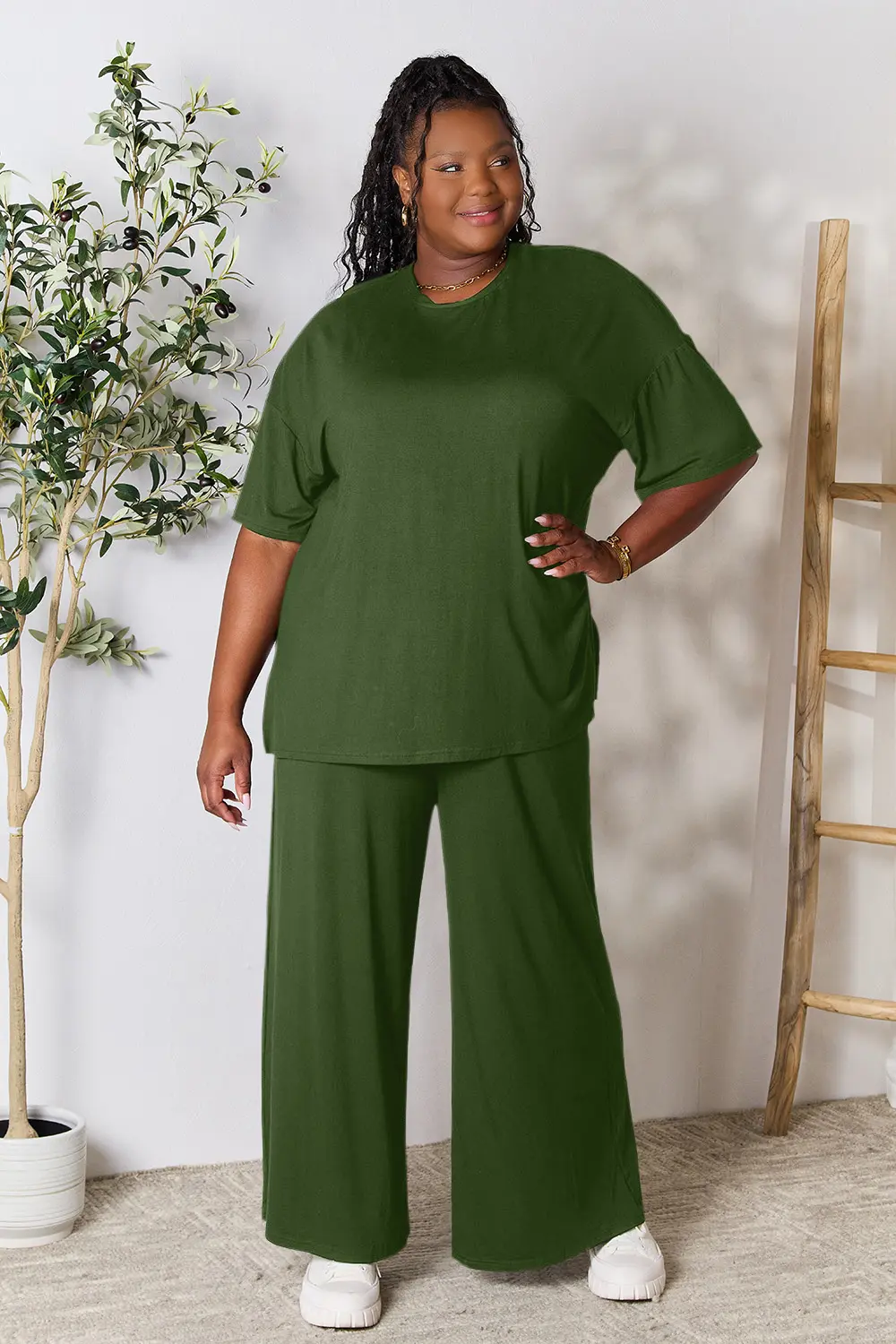 Full Size Round Neck Slit Top and Pants Set, image 24