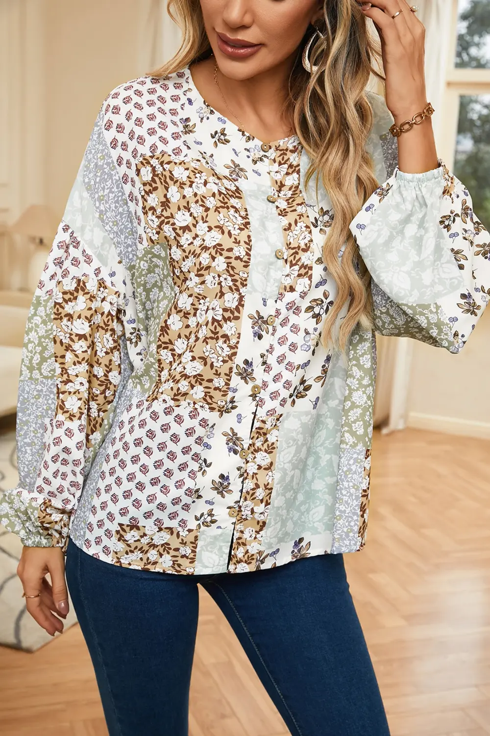 Printed Button Up Long Sleeve Shirt, image 3