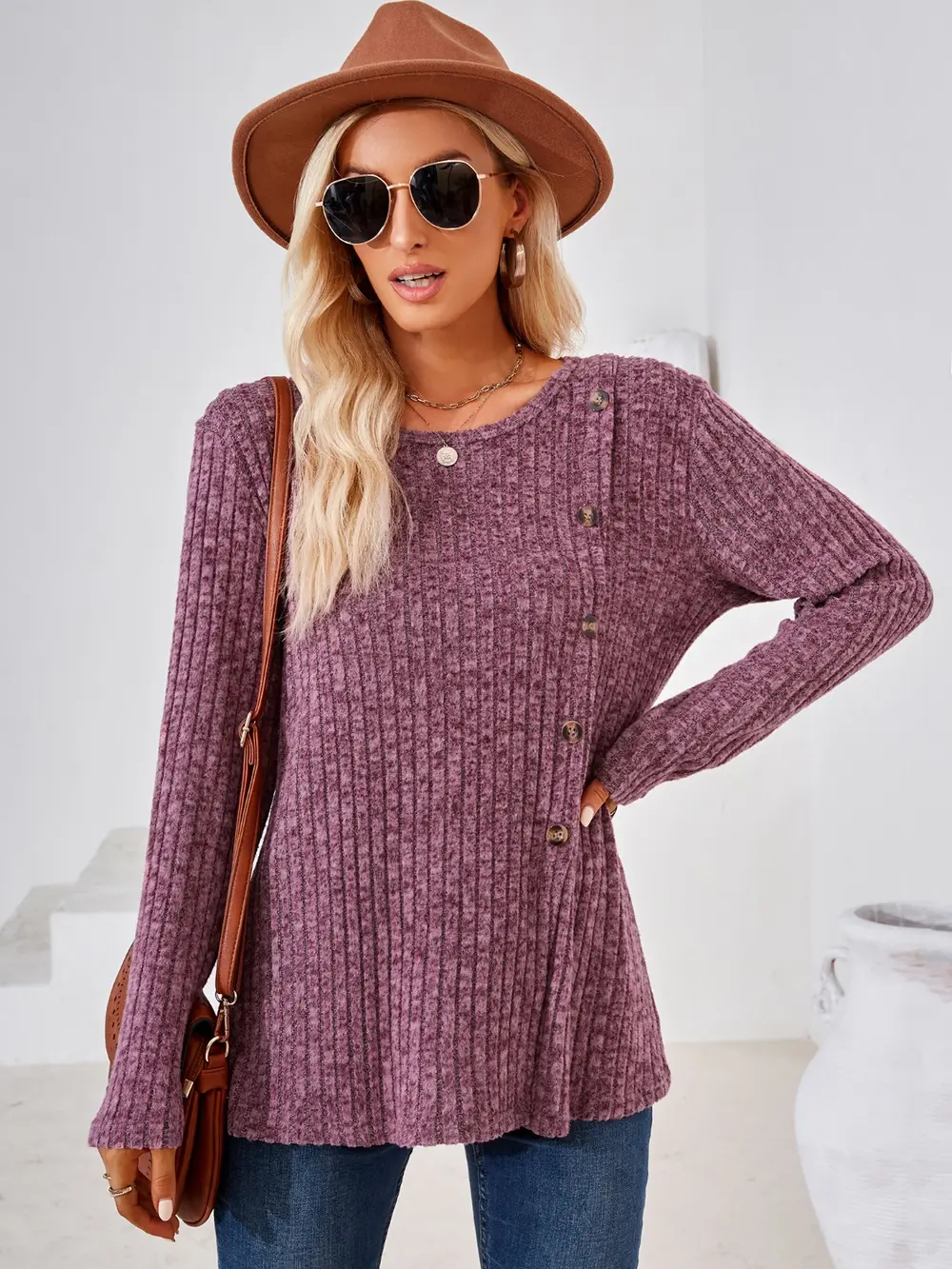 Ribbed Buttoned Round Neck Slit T-Shirt, image 5