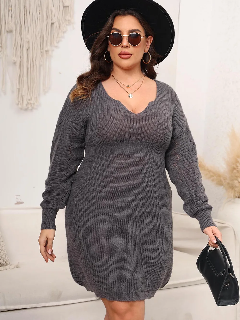 Plus Size Dropped Shoulder Long Sleeve Knit Mini Dress, image 5