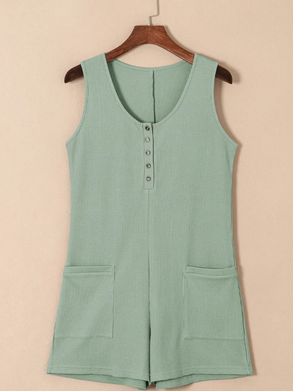 Waffle-Knit Half Button Sleeveless Romper with Pockets, image 18