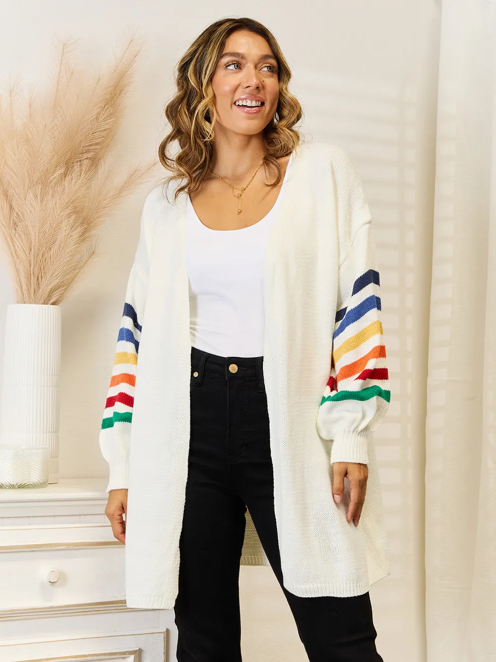 Striped Open Front Dropped Shoulder Cardigan, image 2